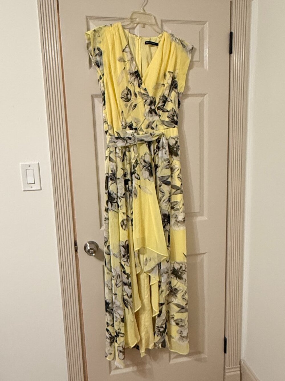 White House Black Market Yellow and Black Floral Wrap High Low Flowy Maxi Dress